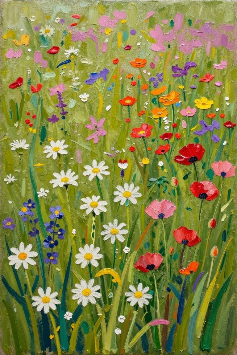 Vibrant impasto painting of colorful wildflowers blooming in a lush green meadow