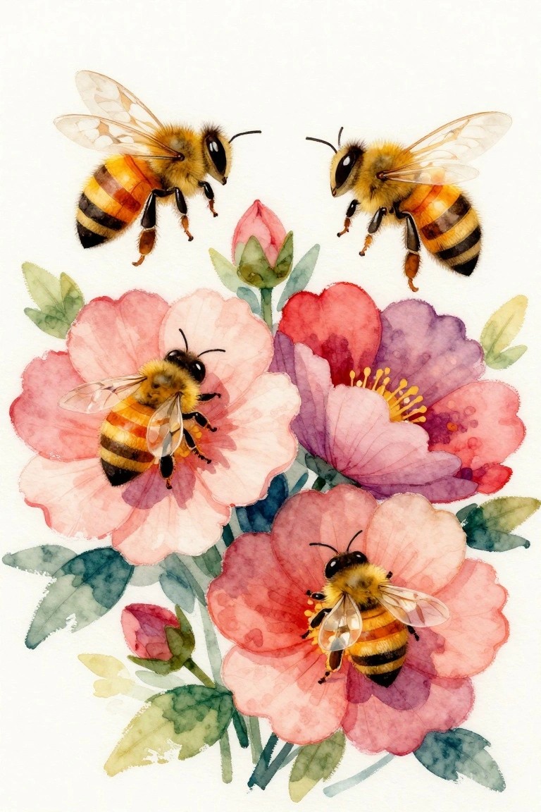 Four bees among pink, red, and purple watercolor flowers with green leaves