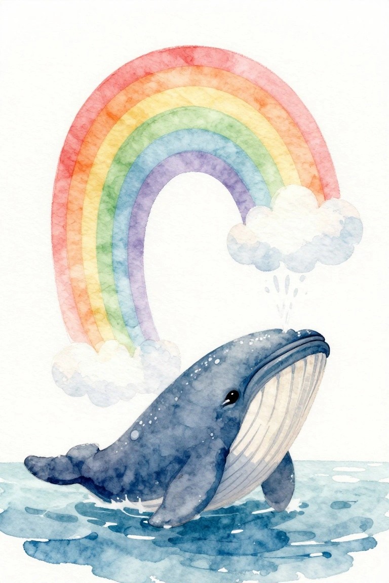 Watercolor whale breaching ocean waves beneath a vibrant rainbow and clouds