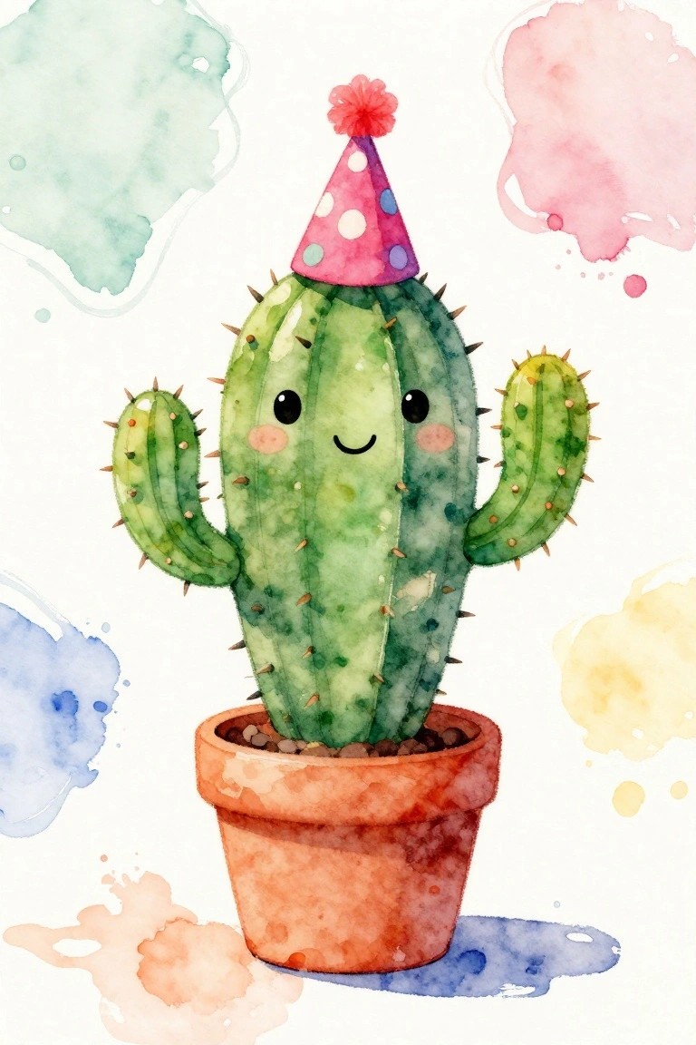 Watercolor cactus with smiling face in terracotta pot wearing pink polka-dot party hat.