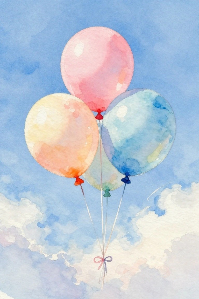 Three watercolor balloons in pink, peach, and blue float against a cloudy sky