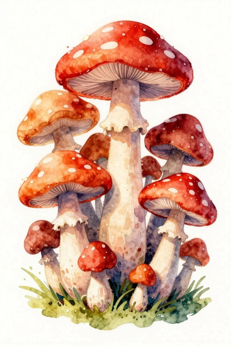 A watercolor painting of red and orange mushrooms with white spots clustered together on grass.