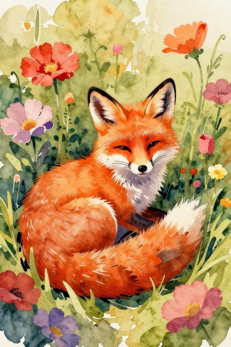 Watercolor fox curled amid vibrant wildflowers and lush green foliage.