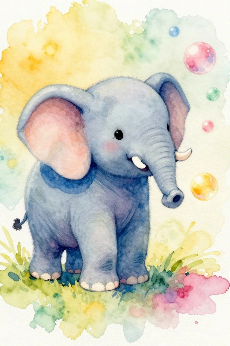 Watercolor baby elephant amid vibrant splashes and floating colorful bubbles.