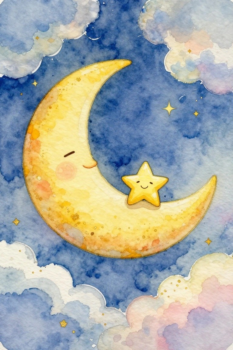 Watercolor smiling crescent moon cuddling happy star in cloudy blue night sky