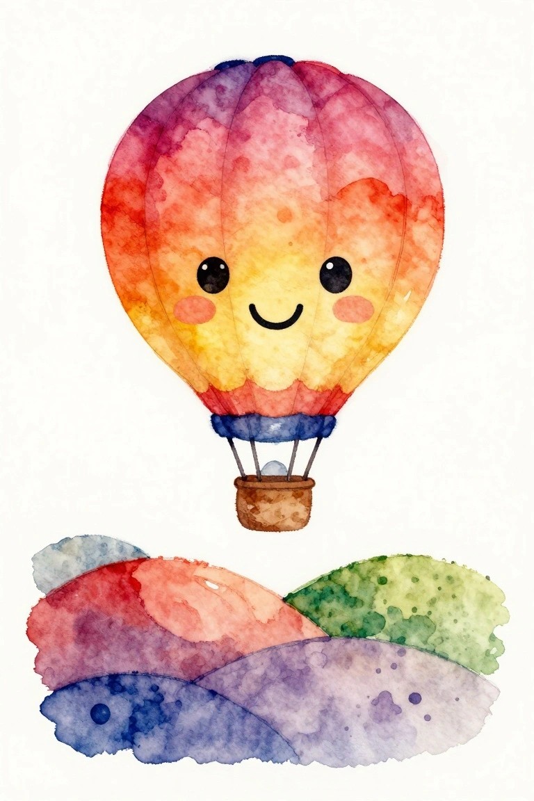 Cute watercolor hot air balloon with smiling face above colorful hills