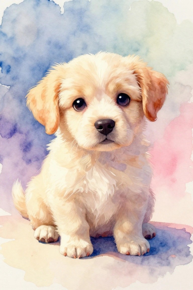 Cute fluffy cream puppy sitting on soft blue-pink watercolor background