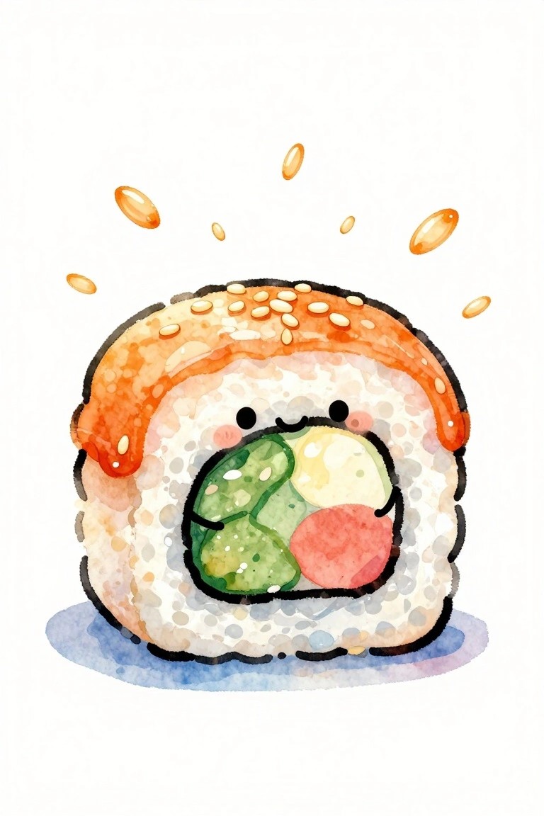 Cute watercolor sushi roll with smiling face, avocado filling, and orange sauce.