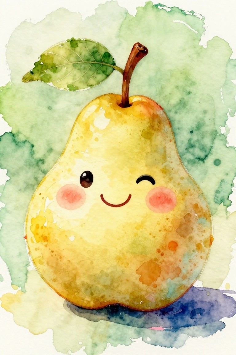 Cute yellow pear with winking face, rosy cheeks, and green leaf in watercolor style.