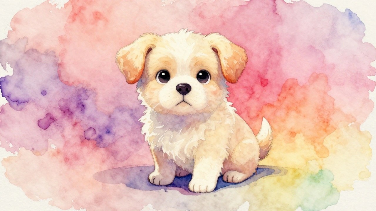 Cute fluffy cream puppy sitting on soft blue-pink watercolor background