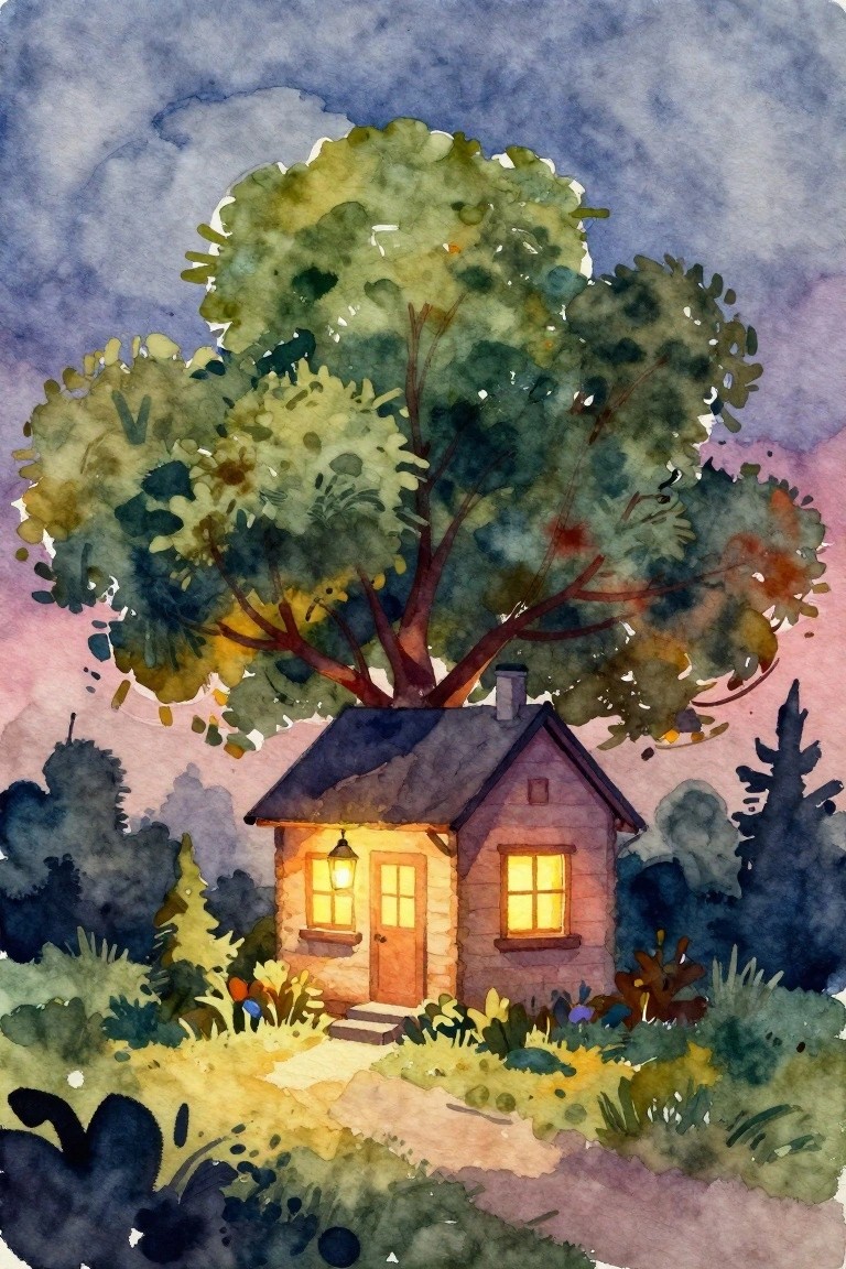 Watercolor of a glowing wooden cabin under a large tree beside a forest path.