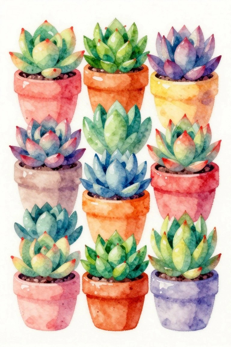Watercolor succulents in vibrant pink, orange, yellow, and blue pots.