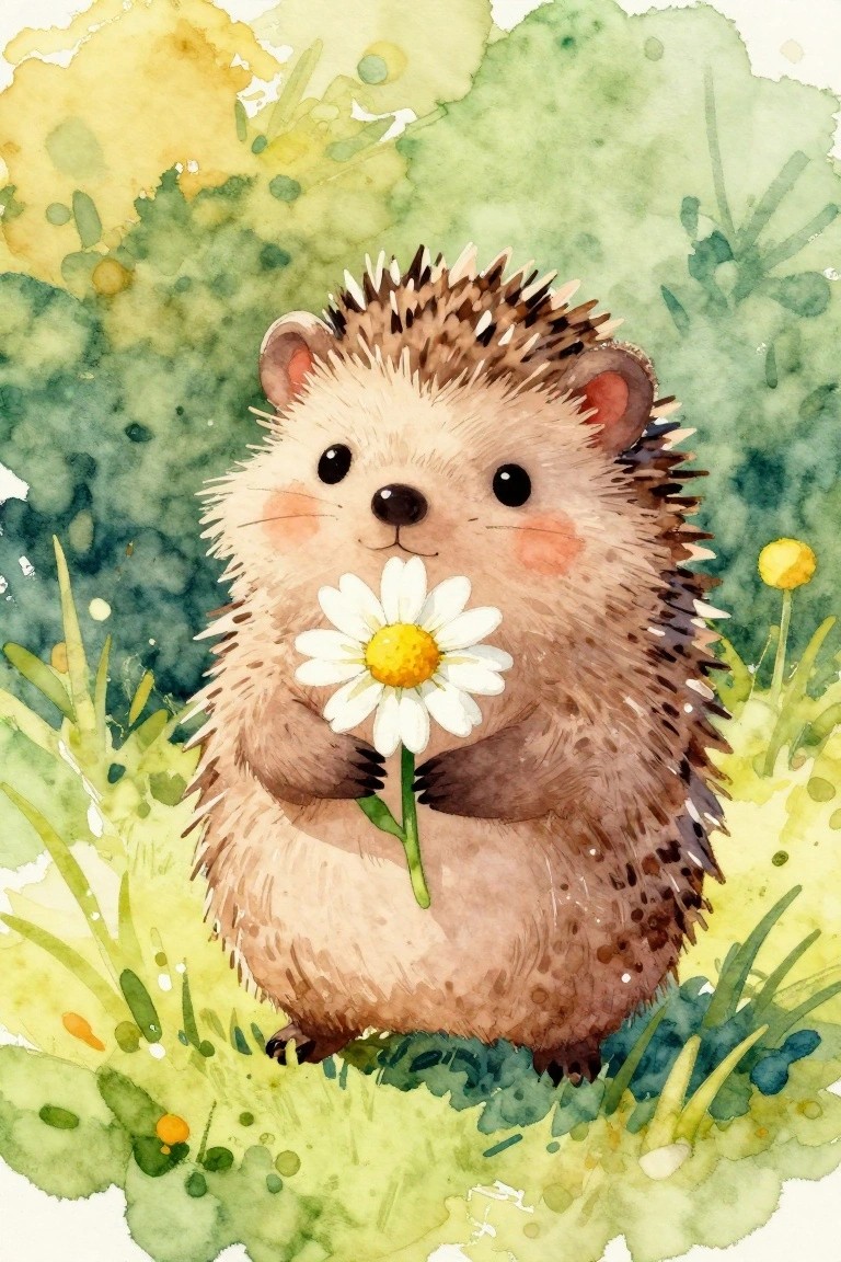 Watercolor hedgehog holding white daisy in lush green meadow setting.
