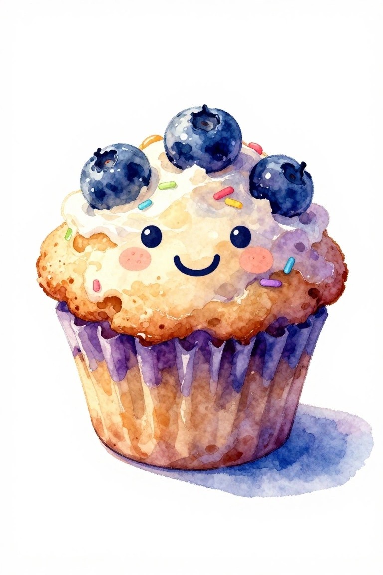 Watercolor smiling muffin with blueberries, sprinkles, and dripping purple frosting.