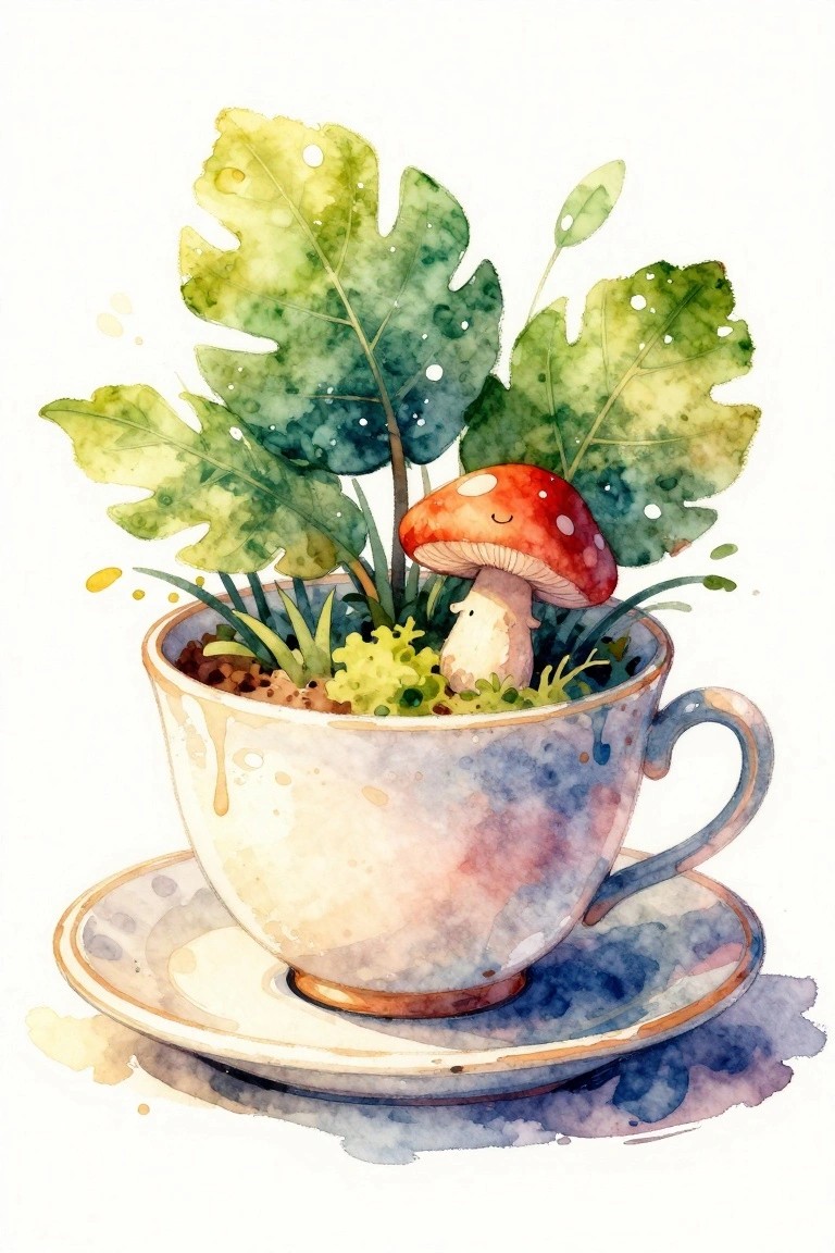 A watercolor painting of a red mushroom with a face inside a speckled teacup filled with green plants and leaves, sitting on a saucer.