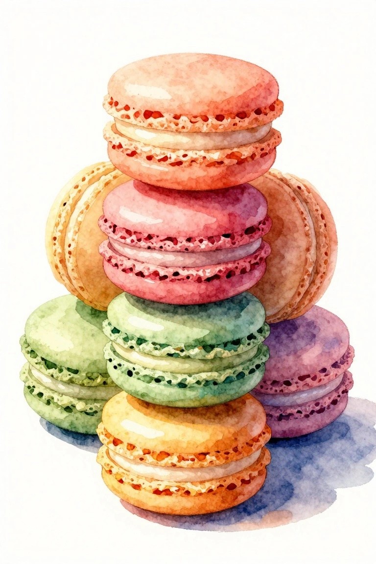 Stacked colorful macarons in pastel shades painted in soft watercolor style.