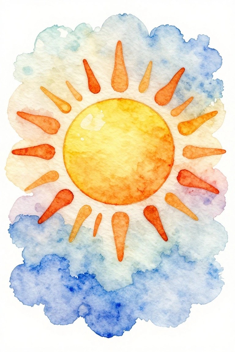 A watercolor painting of a yellow-orange sun with short rays surrounded by blue and white clouds.