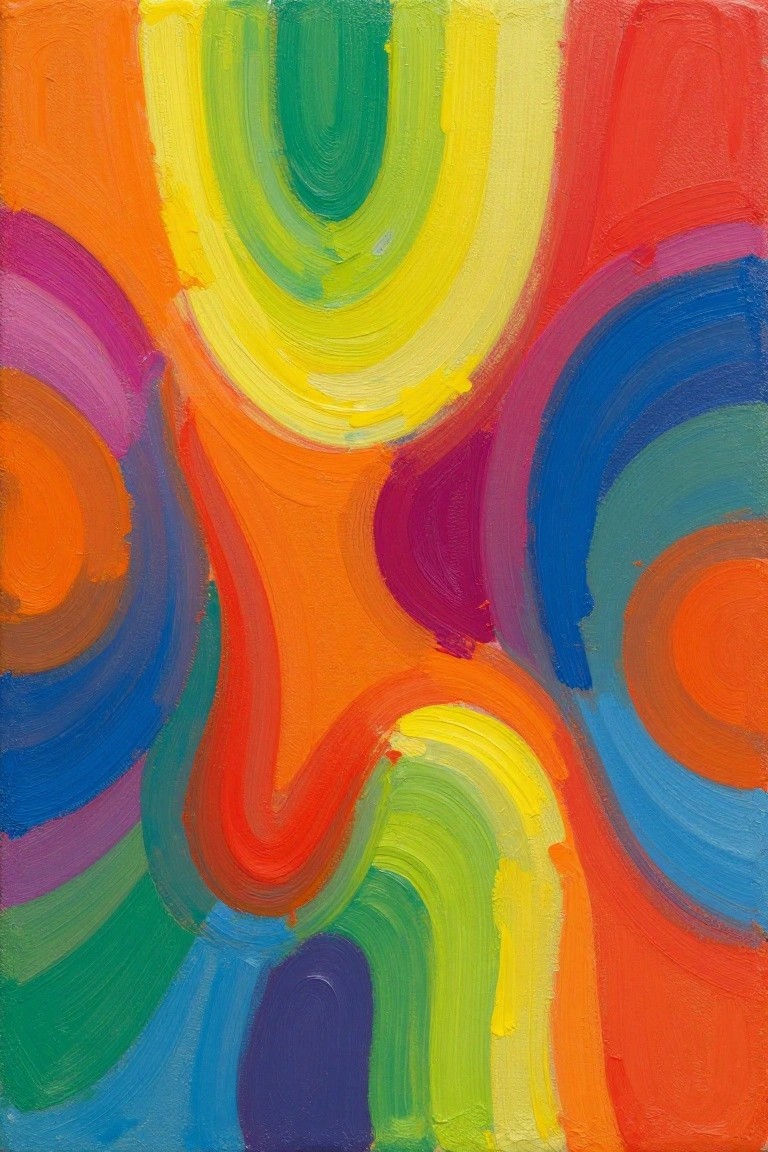 Vibrant abstract painting with swirling rainbow curves and thick brushstrokes.