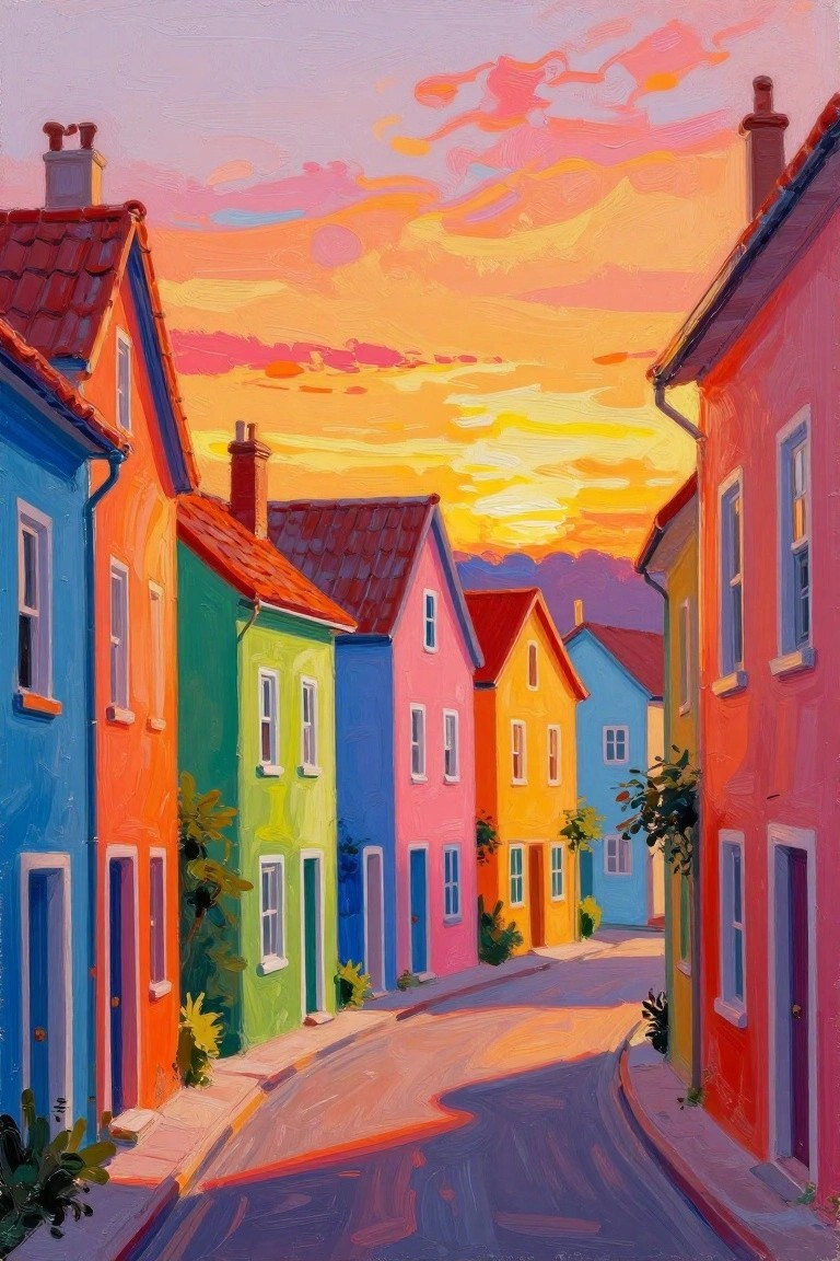 Colorful houses line a winding street beneath a vibrant pink-orange sunset sky