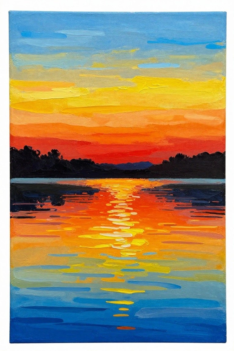 Vibrant sunset painting with orange-yellow reflections on blue water and dark horizon