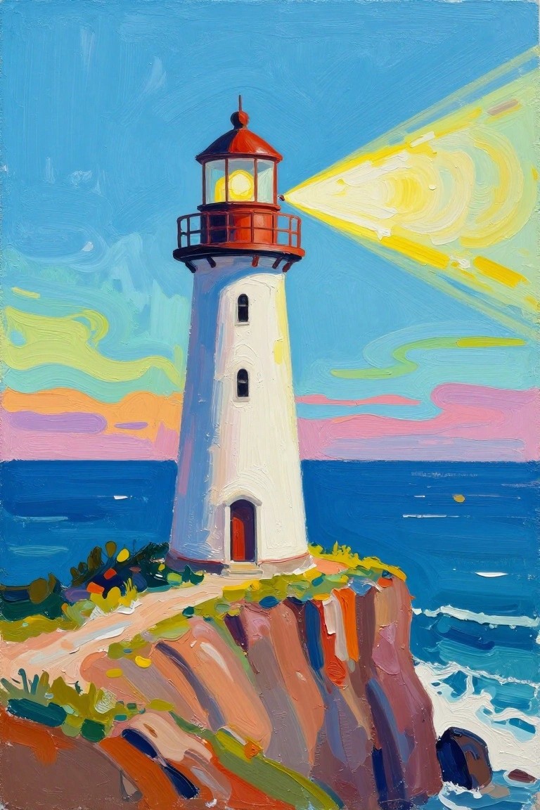 A painting of a white lighthouse with a red top on a rocky cliff by the ocean, emitting a yellow light beam across a colorful sky.