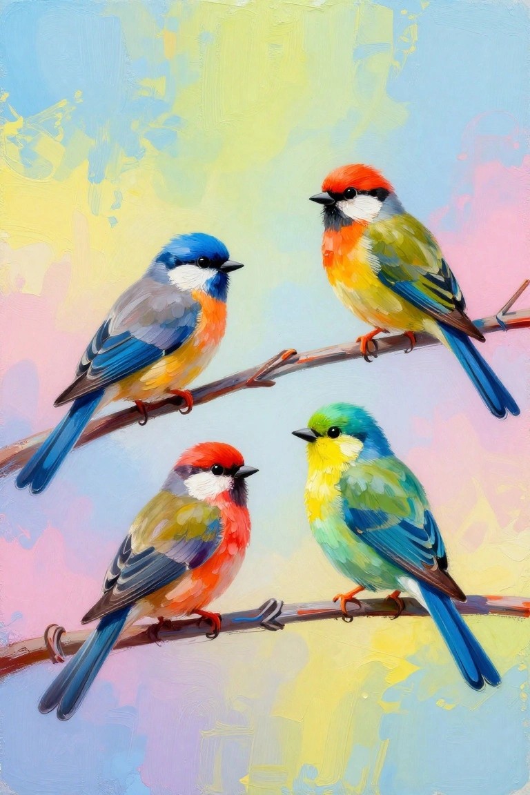 Four colorful birds perched on branches in a vibrant painterly style.
