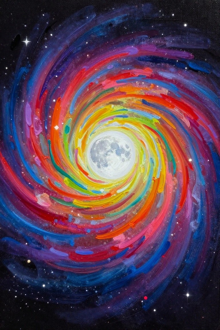 Vibrant swirling rainbow galaxy painting with full moon at center in starry space