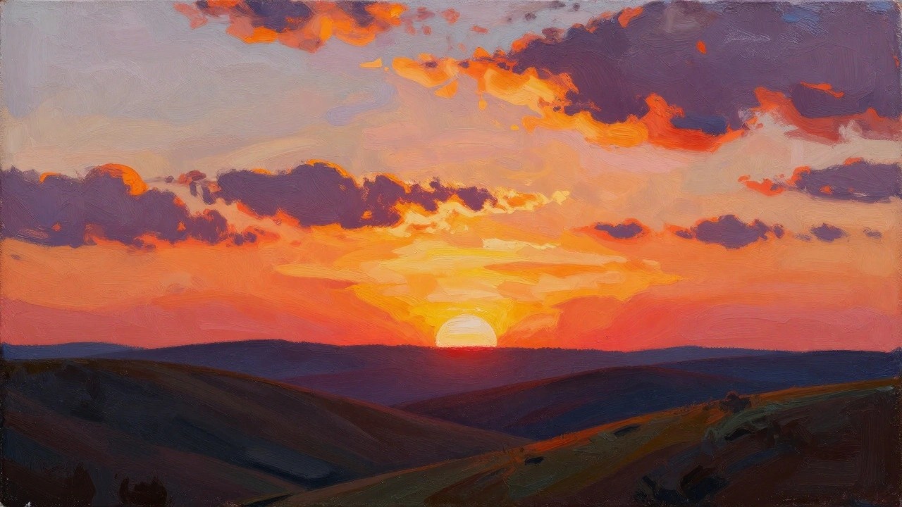 Vibrant sunset over purple hills with glowing orange sun and colorful clouds
