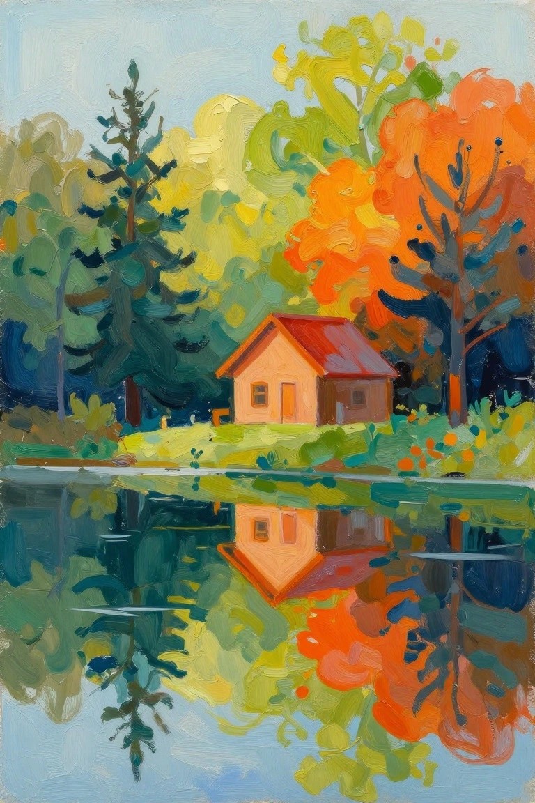 Painterly scene of red-roofed cabin reflected in lake amid vibrant autumn trees.