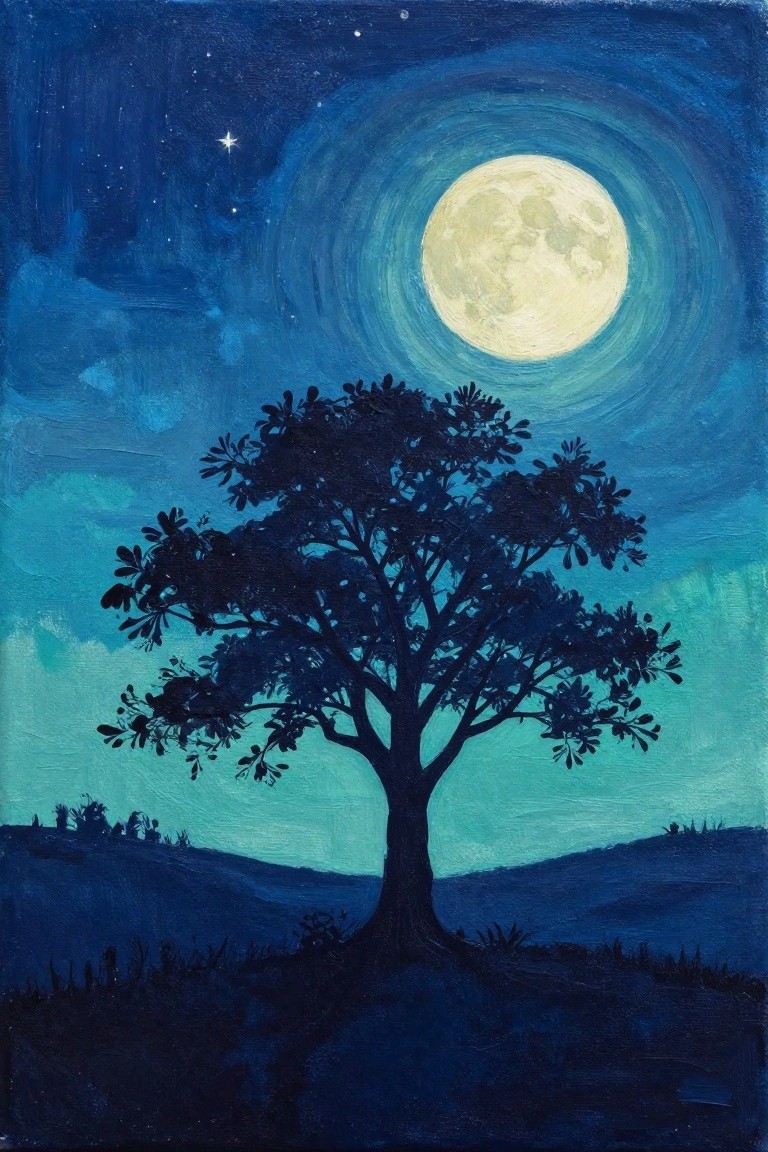Full moon glowing in swirling blue sky over silhouetted tree on dark hills