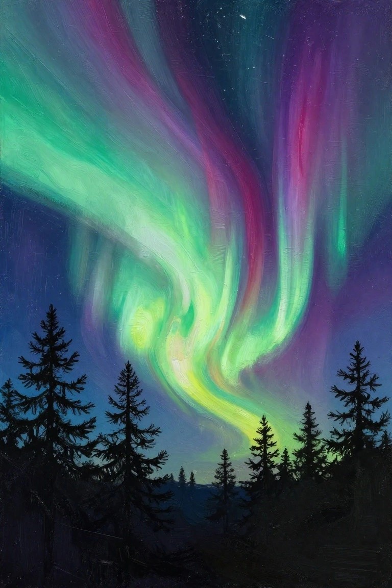 Vivid green pink aurora borealis swirling above silhouetted pine trees in night sky painting