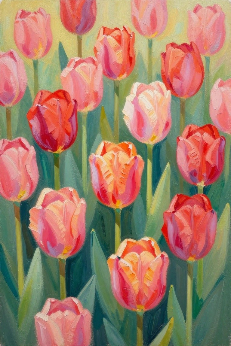 Vivid painting of blooming pink, red, and orange tulips with green stems.