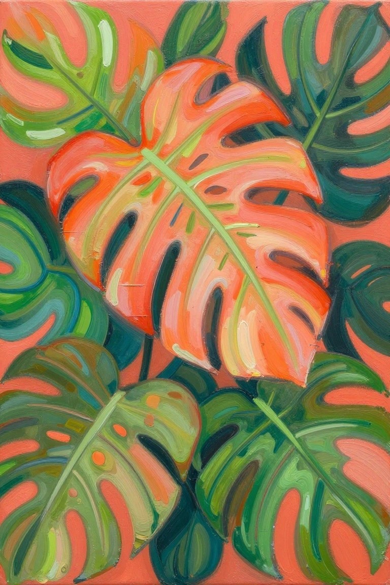 Vibrant orange and green monstera leaves on a coral pink background.