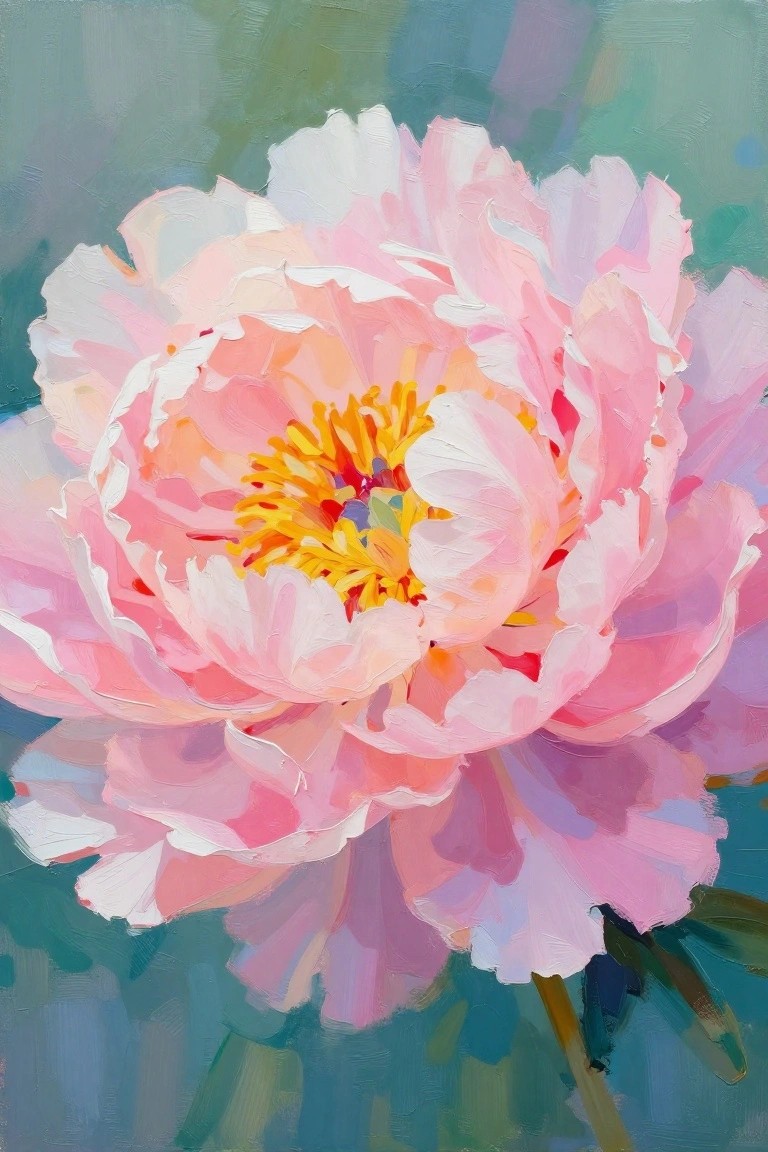 Soft pink peony flower with yellow-red center in painterly brushstrokes