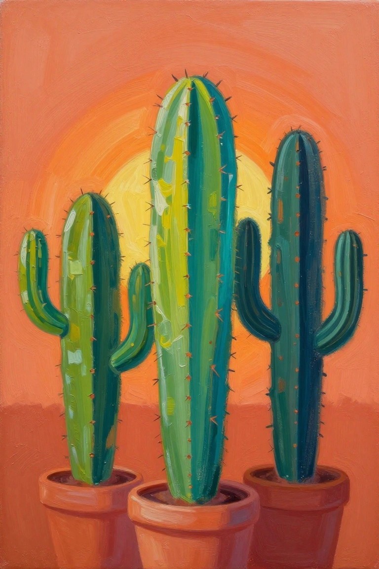 Three green cacti in terracotta pots against vibrant orange sun backdrop.
