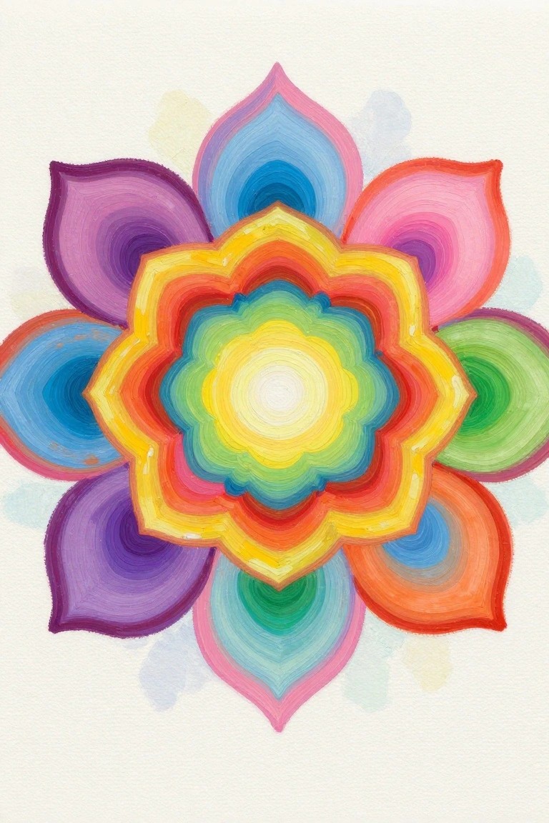 Vibrant rainbow mandala with layered petals in gradient purple blue green yellow orange red