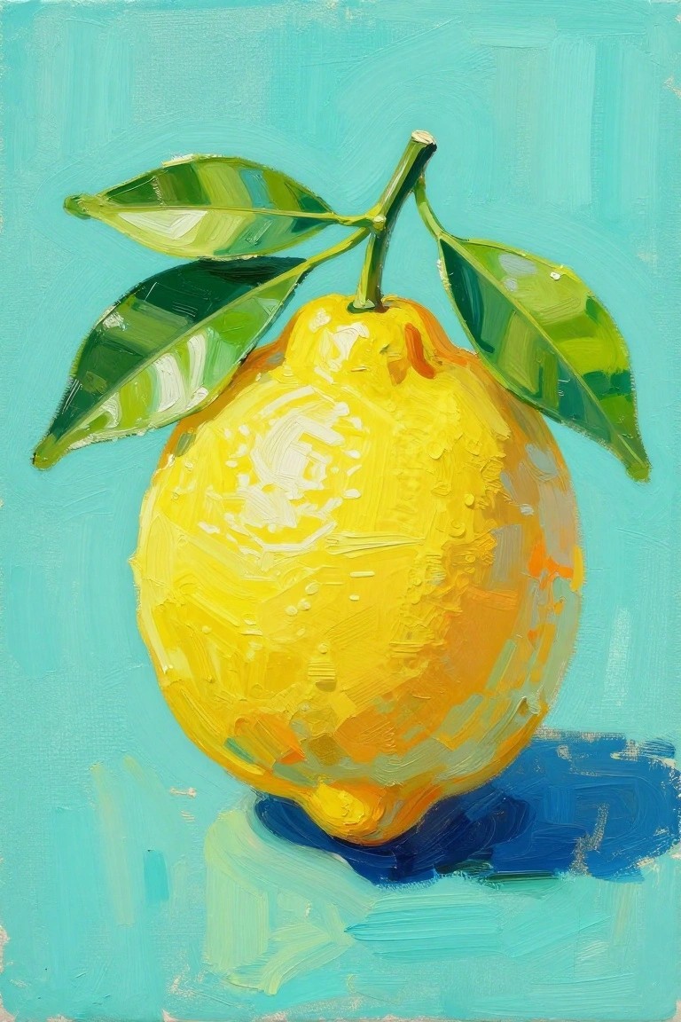 A painting of a bright yellow lemon with green leaves against a turquoise background and a blue shadow below.