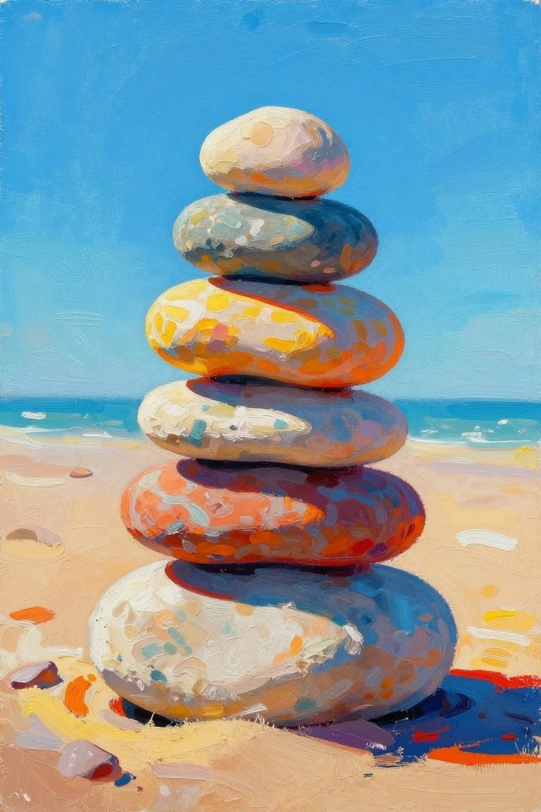 Colorful stacked stones tower on a sandy beach under bright blue sky.