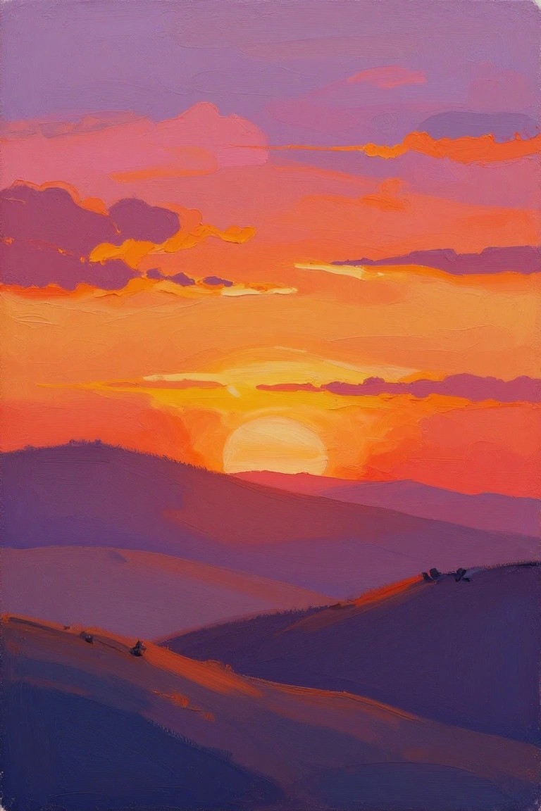 Vibrant sunset over purple hills with glowing orange sun and colorful clouds