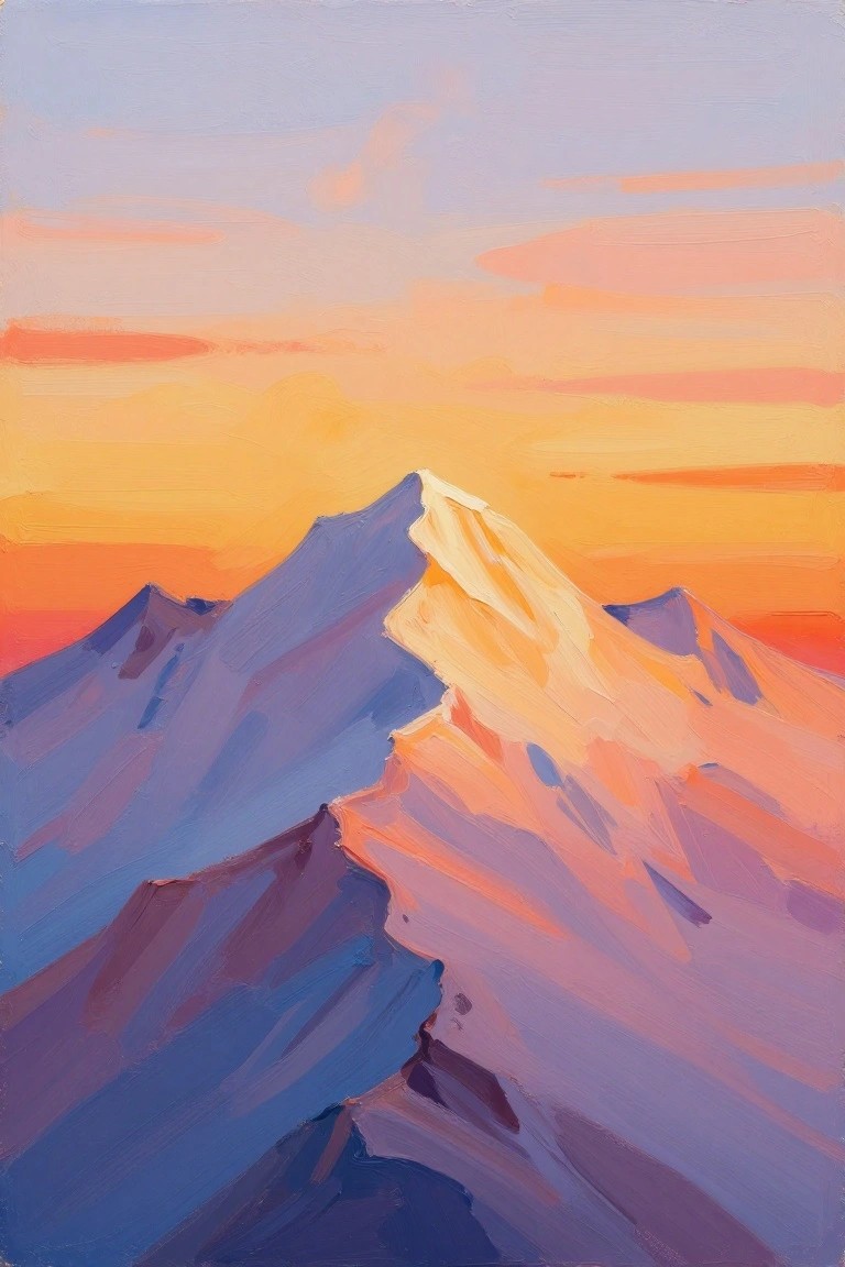 Vibrant painting of jagged peaks glowing in warm orange sunset light.