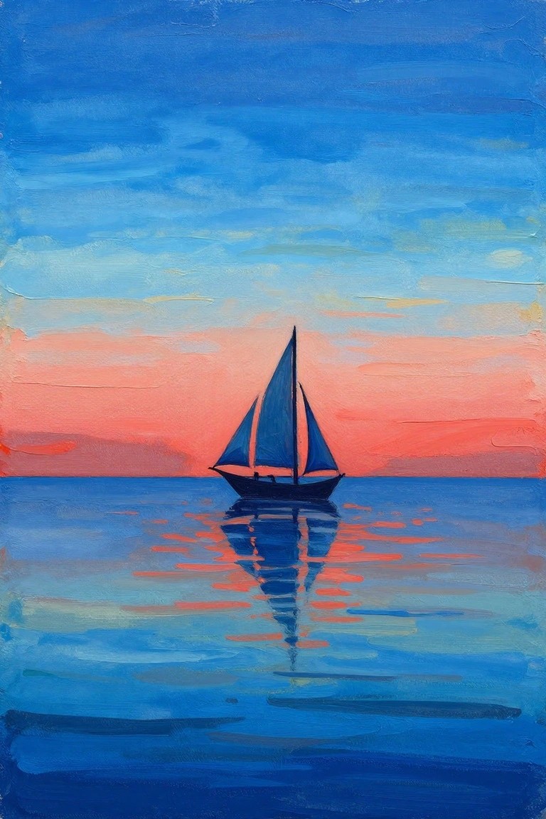 A painting of a dark sailboat centered on calm blue water with its reflection, beneath a sky that gradients from blue to pink and orange near the horizon.