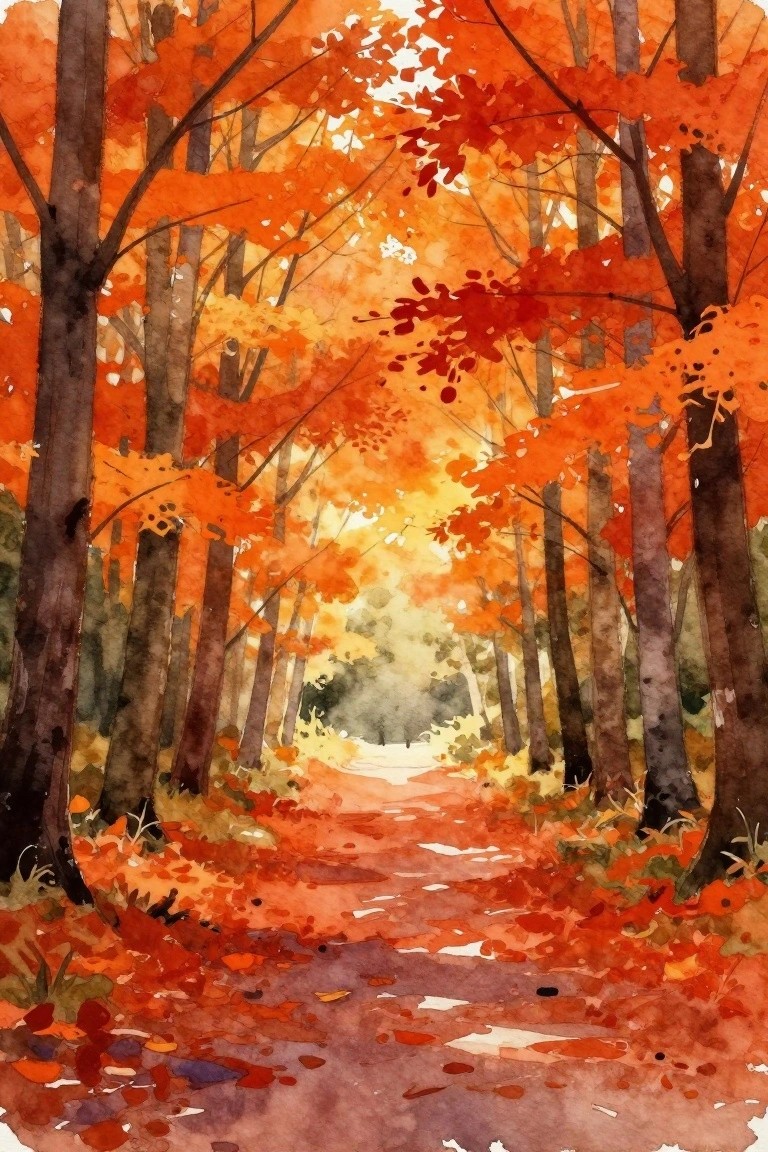 A watercolor painting of a winding dirt path through a forest filled with bright orange and red autumn leaves on the trees and scattered on the ground.