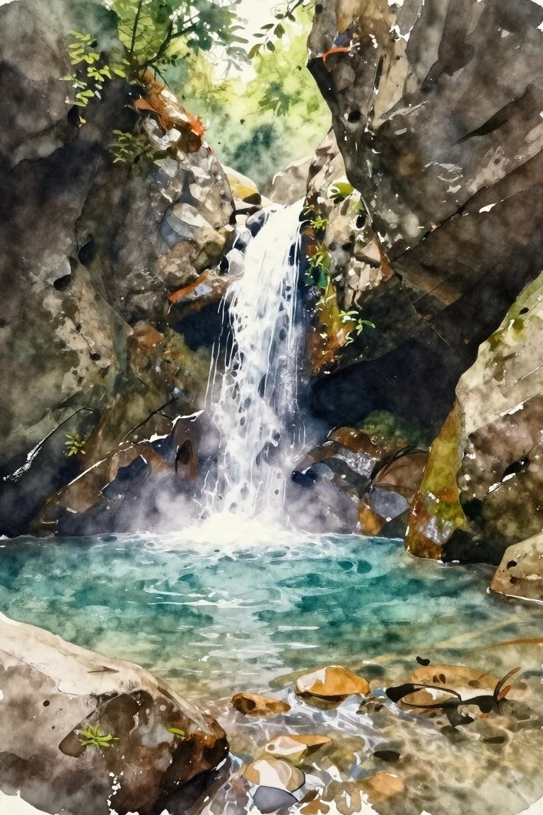Watercolor of cascading waterfall into turquoise pool amid mossy rocks and foliage