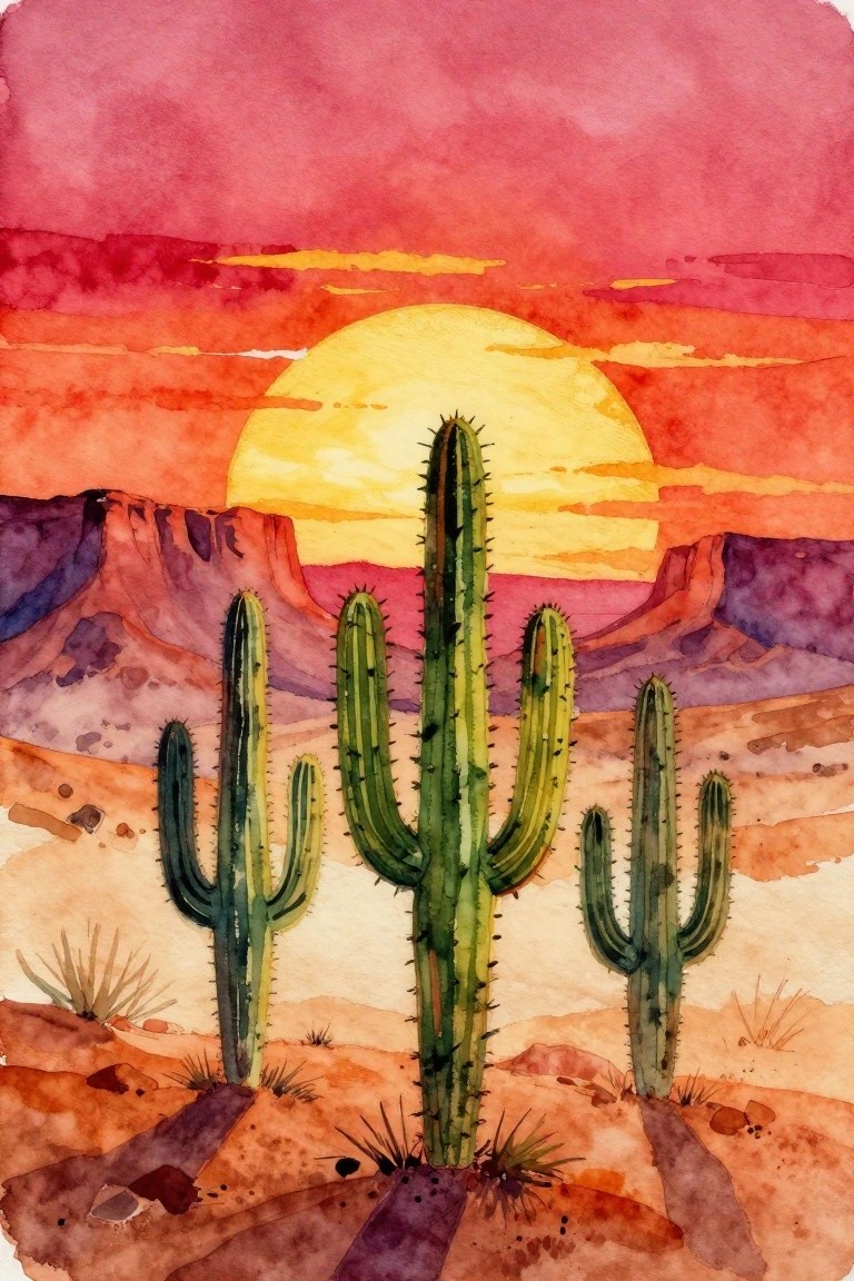 Watercolor desert sunset with green saguaro cacti and red mountains