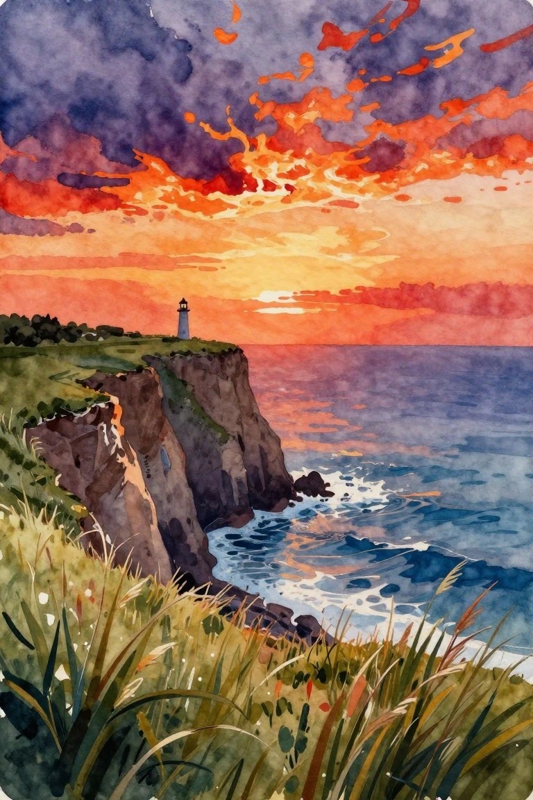 Watercolor seascape of lighthouse on cliffs under vibrant orange-purple sunset sky with waves below