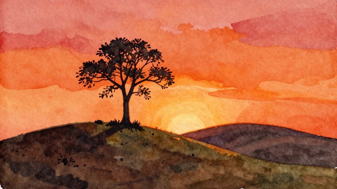 Watercolor sunset over rolling purple-orange hills with large glowing yellow sun.