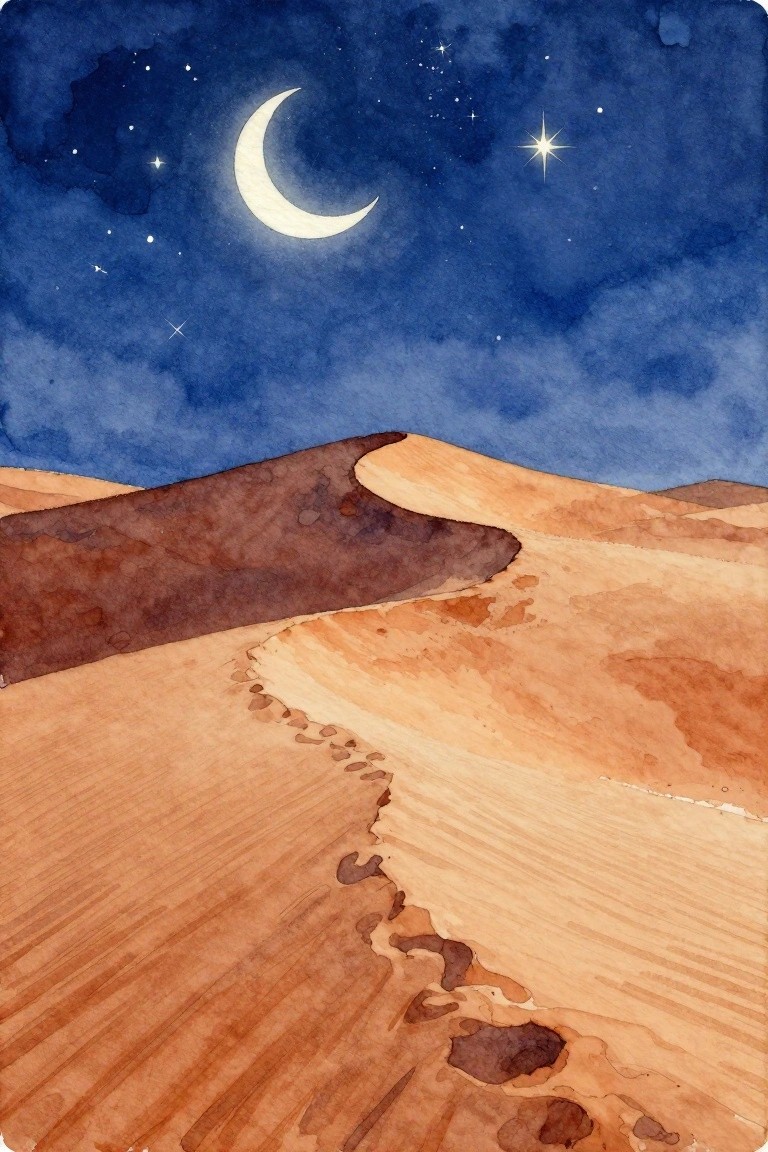 Crescent moon and stars above winding orange sand dunes in nighttime watercolor