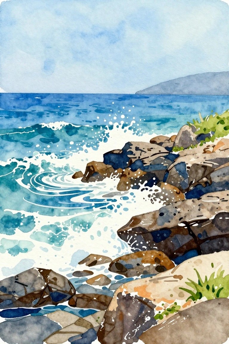 Watercolor seascape of blue waves crashing on brown coastal rocks with foam.