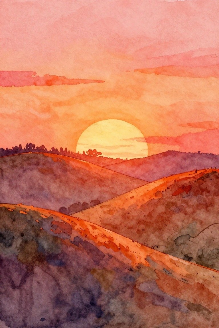 Watercolor sunset over rolling purple-orange hills with large glowing yellow sun.