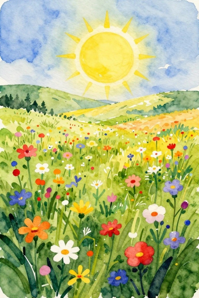 Vibrant watercolor meadow of colorful wildflowers under bright sun and blue sky